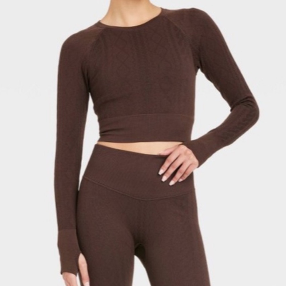JoyLab Cable Knit Crop Long Sleeve Top, Brown